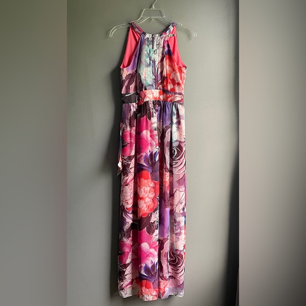 Eliza J Chiffon Long Floral Print Maxi Dress High Neck Tie Back Sz 2P Resort